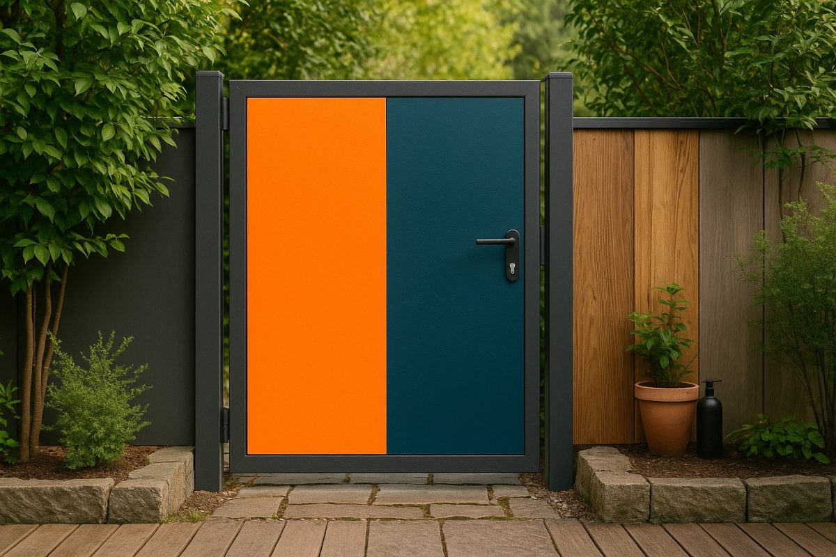 Orange- sowie blaufarbige Gartentür aus HPL