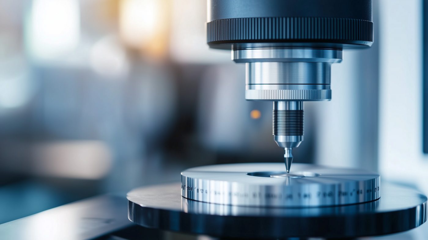 Rockwell-Härteprüfung an einem Metallstück im Labor