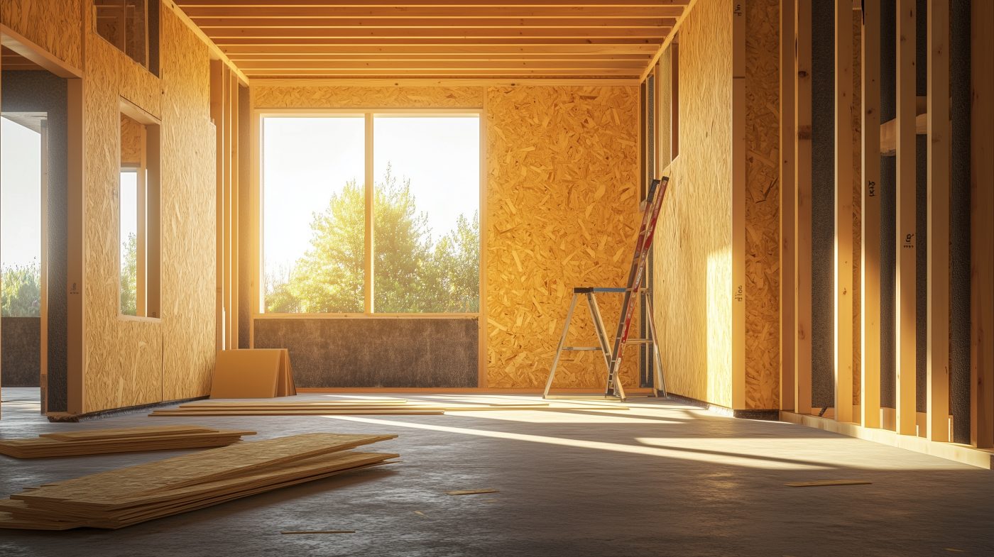 OSB-Platten werden auf einer Baustelle für Wand und Boden montiert