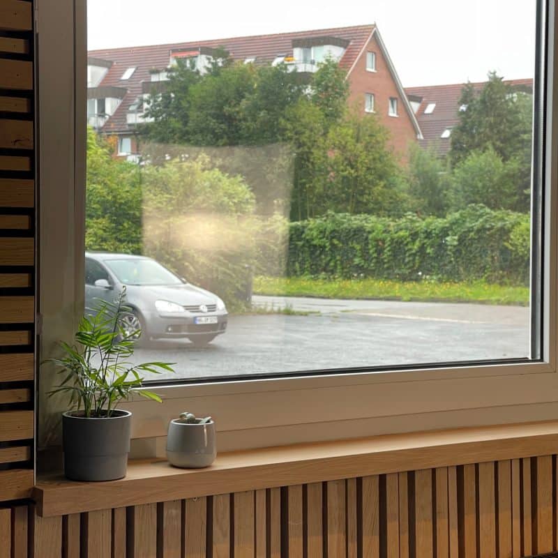 Holzfensterbank mit Pflanze und Keramikdose, Blick auf Parkplatz und Wohnhäuser.