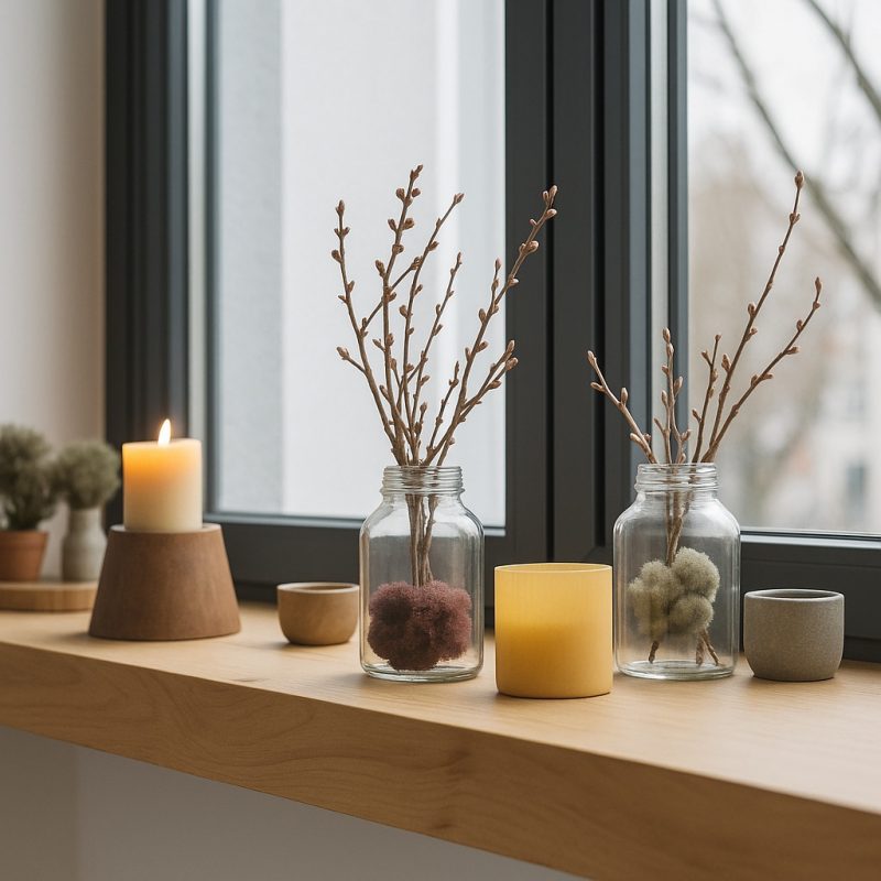 Fensterbank aus hellem Holz.