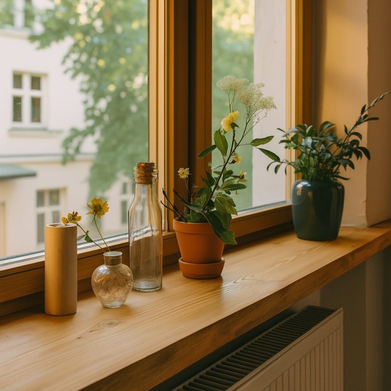 Fensterbank aus hellem Holz.