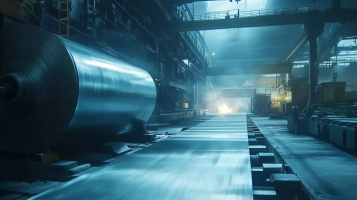 Metallblech wird durch große Walzen in einer Fabrik gezogen