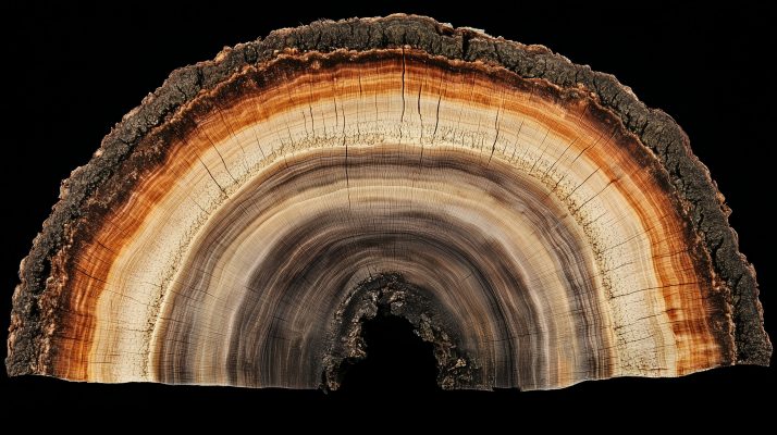 Querschnitt eines Baumstamms mit sichtbarem Kambiumring zwischen Rinde und Holz