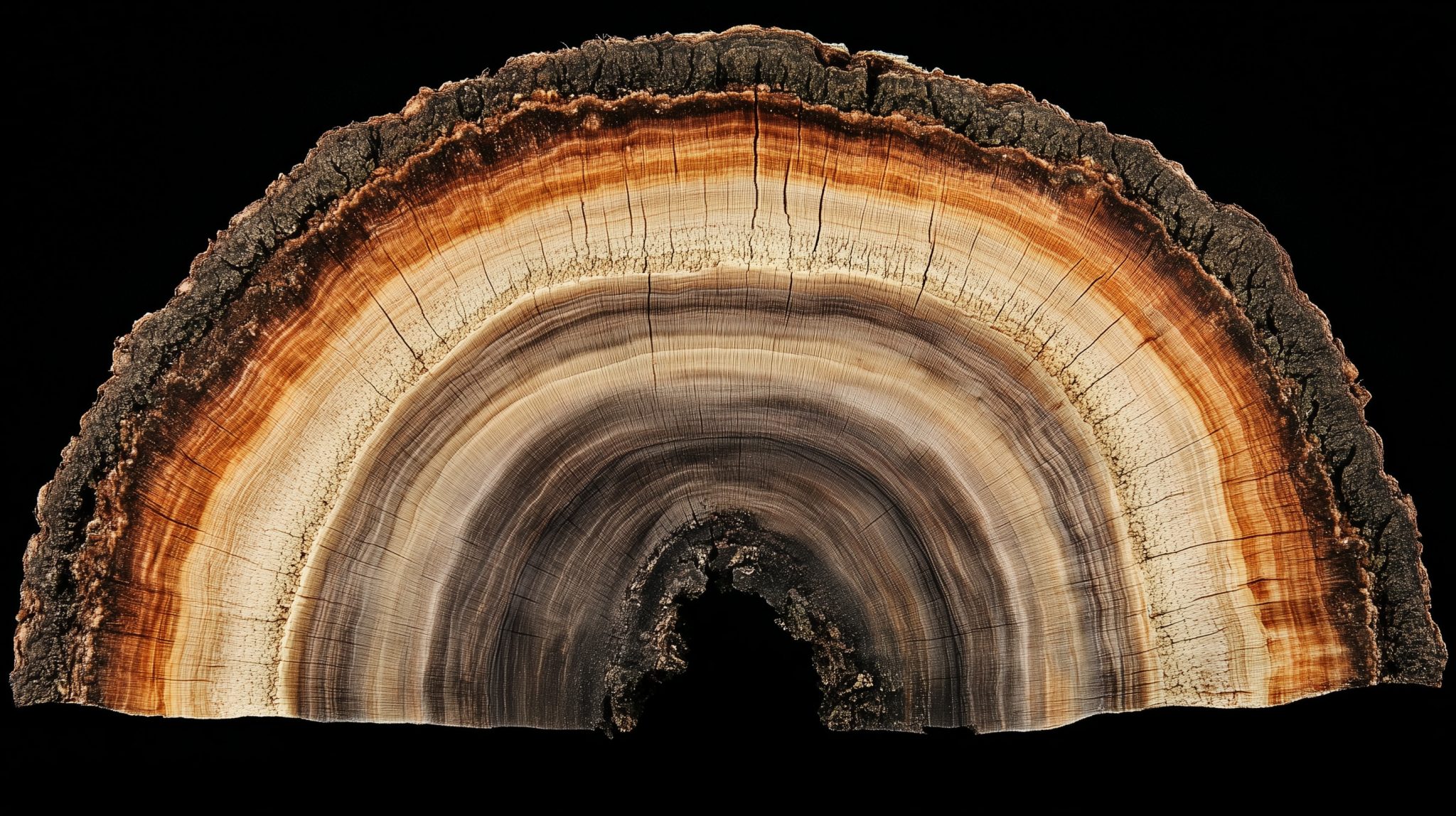 Querschnitt eines Baumstamms mit sichtbarem Kambiumring zwischen Rinde und Holz