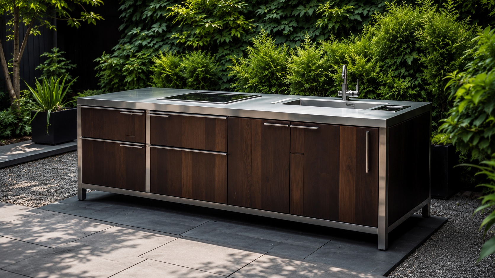 Eine Edelstahl-Arbeitsplatte ergänzt eine moderne Outdoor-Küche im Garten.