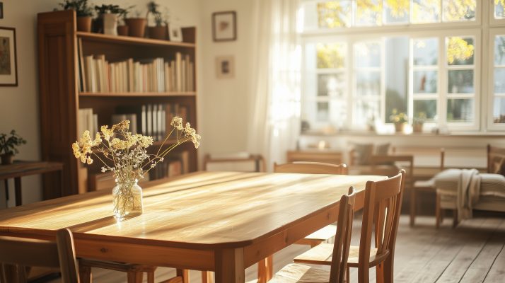 Esstisch aus Kiefernholz in einem Esszimmer