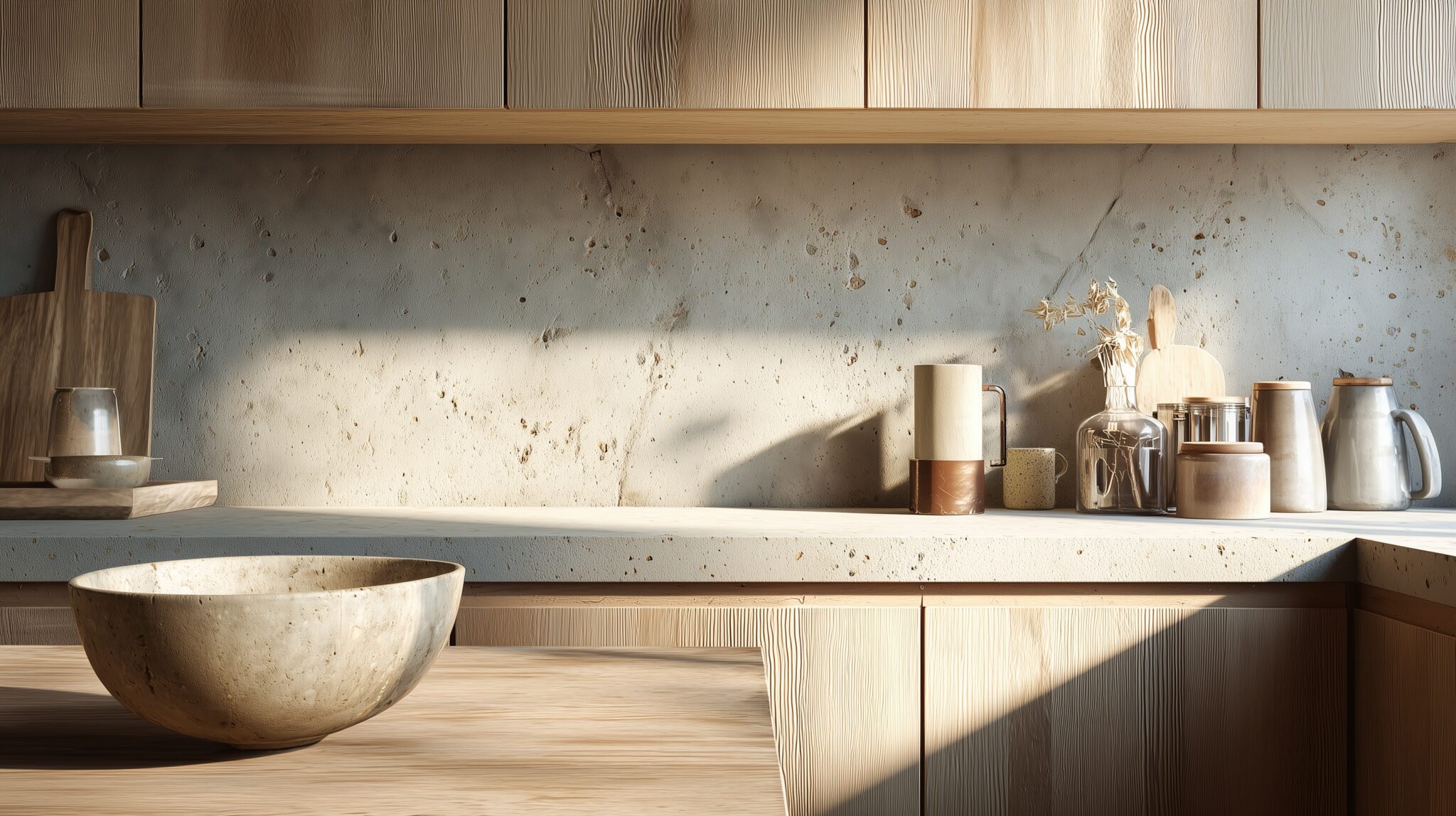 Eine minimalistische Küche mit Fronten aus Eiche Massivholz und ruhiger Betonwand.