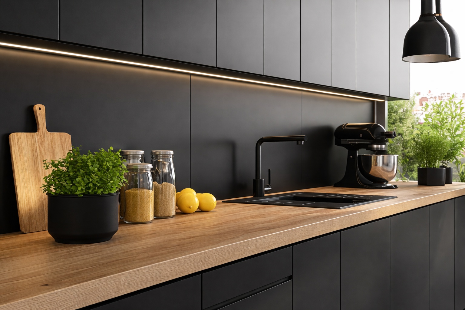 Schwarze Küche mit maßgefertigter Echtholzarbeitsplatte aus Eiche für eine moderne und natürliche Optik.