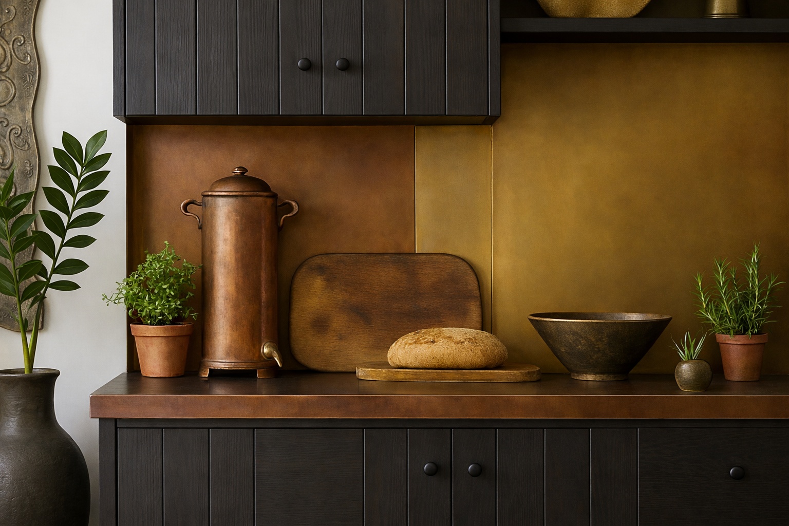 Kupfer und Messing setzen in der Küche warme Akzente und schaffen eine harmonische Materialkombination.
