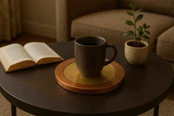 Ein runder Untersetzer aus Kupfer und Messing trägt eine Keramiktasse im Wohnzimmer.