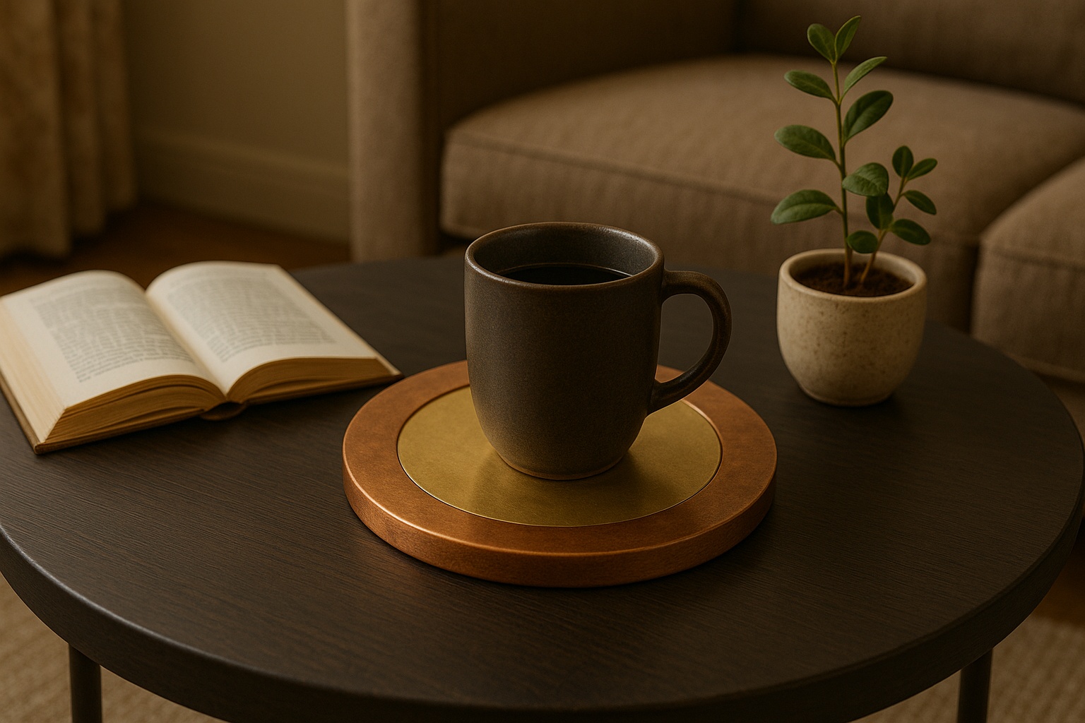 Ein runder Untersetzer aus Kupfer und Messing trägt eine Keramiktasse im Wohnzimmer.