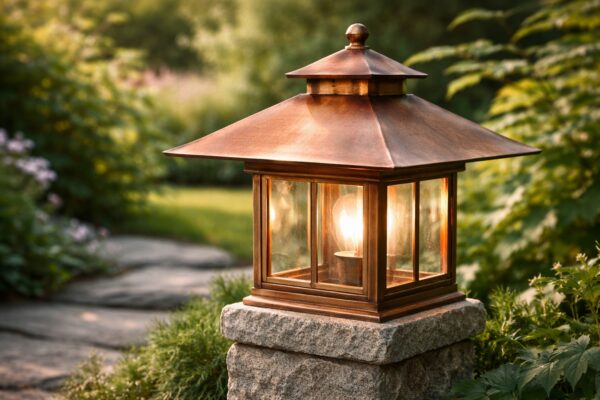 Eine Gartenlaterne mit Kupferhaube zeigt erste Patina im natürlichen Außenbereich.
