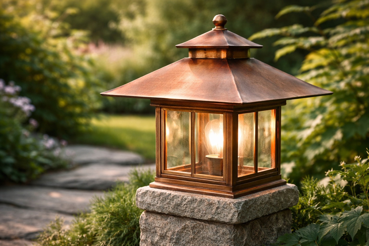 Eine Gartenlaterne mit Kupferhaube zeigt erste Patina im natürlichen Außenbereich.