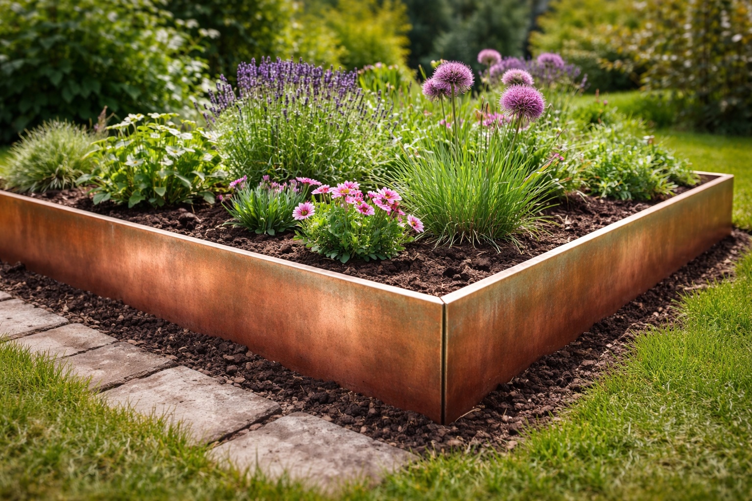 Kupferbleche dienen als dezente Beeteinfassung im Garten.