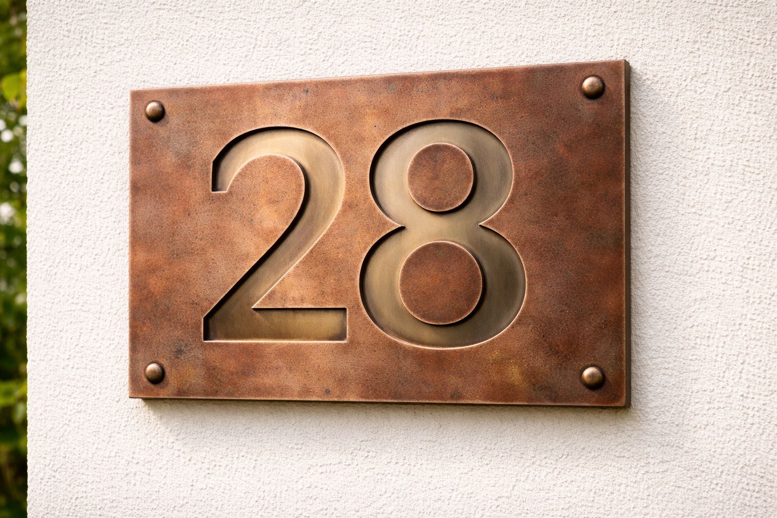 Eine Hausnummer aus Kupferblech ist an einer hellen Hausfassade montiert.
