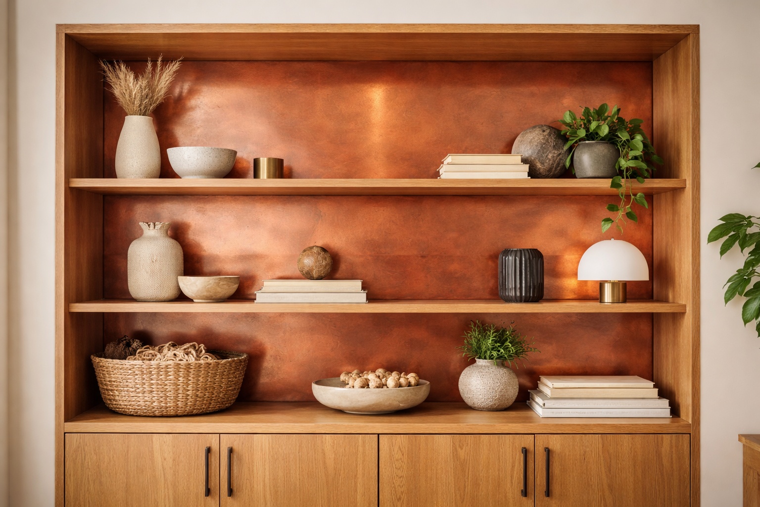 Ein Holzregal besitzt eine Rückwand aus patiniertem Kupferblech.
