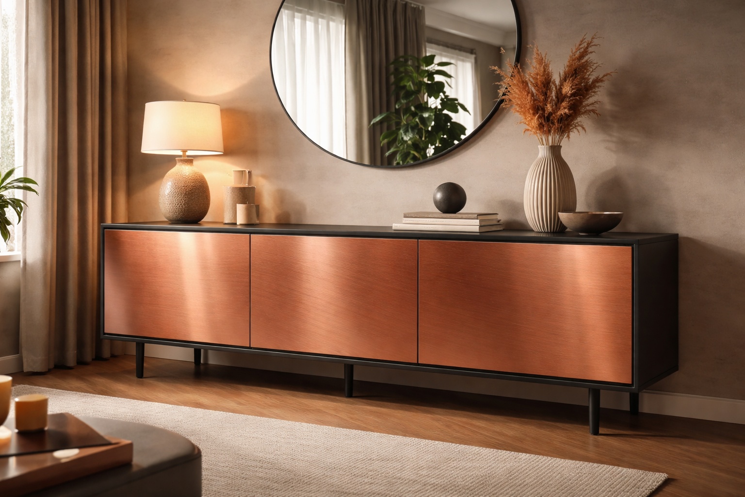 Ein Sideboard zeigt eine Schrankfront aus Kupferblech im Wohnzimmer.