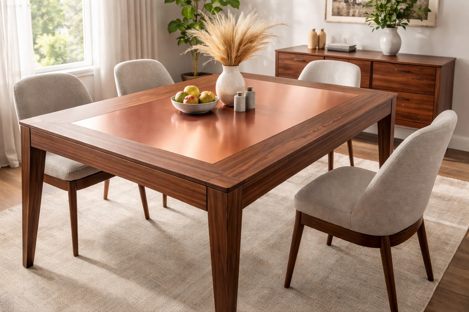 Ein Holztisch besitzt mittig eine eingelassene Kupferblechfläche.