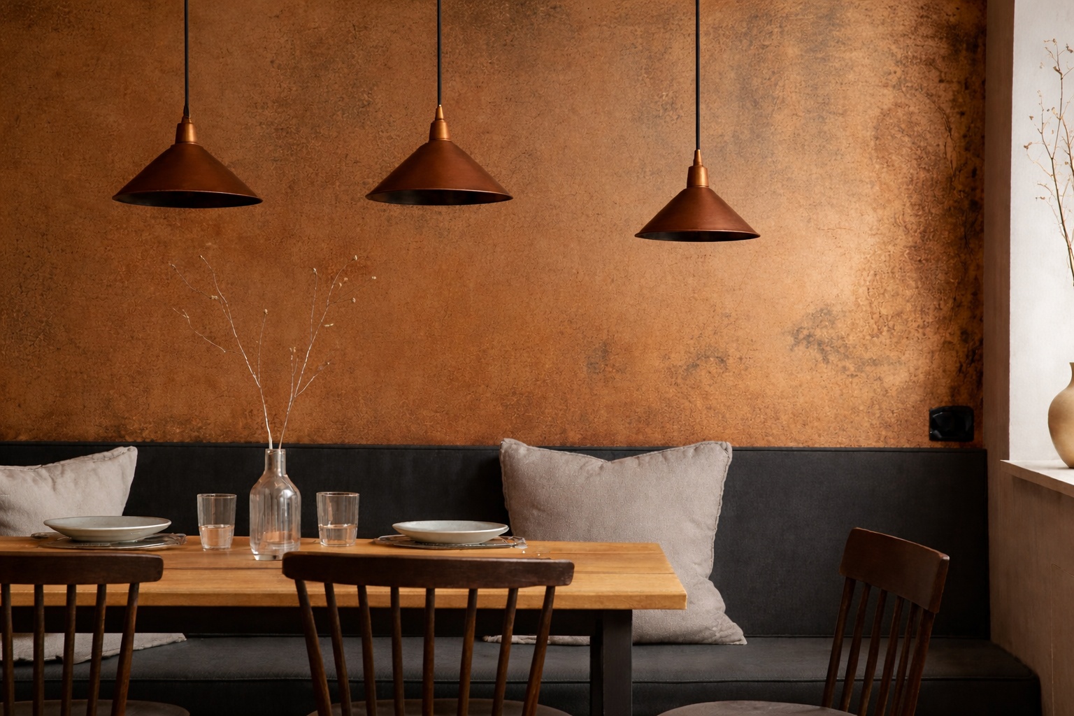 Eine Sitzbank mit einem Holztisch steht vor einer Wand aus Kupferblech.