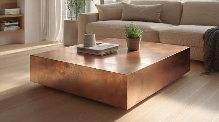 Moderner Couchtisch aus Kupfer in hellem, gemütlichem Wohnzimmer.