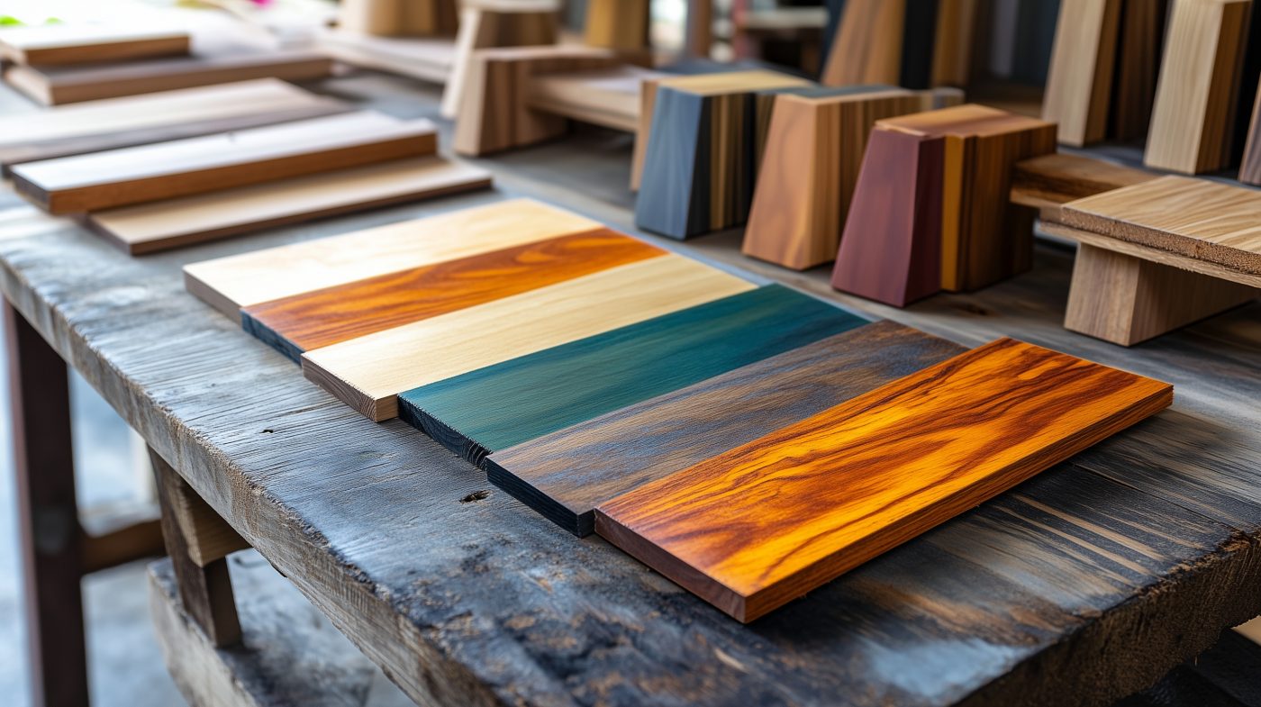 Holzproben mit verschiedenen Lackfarben