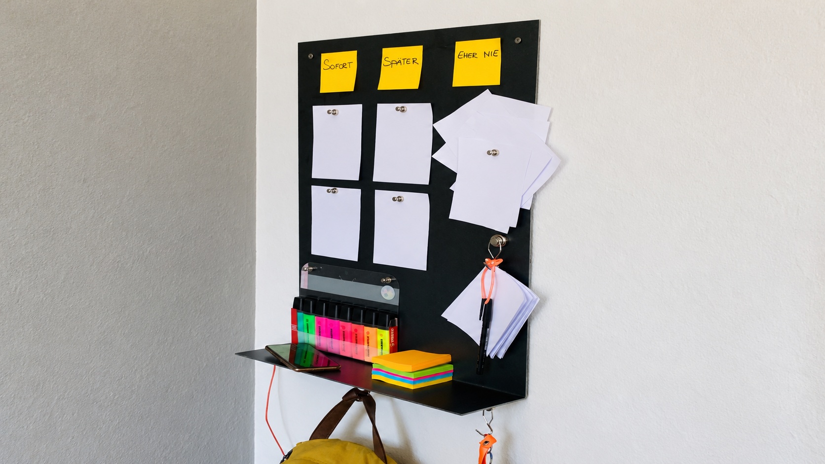 Eine schwarze Magnettafel aus Stahl organisiert Notizen, Marker und Schlüssel an der Wand.