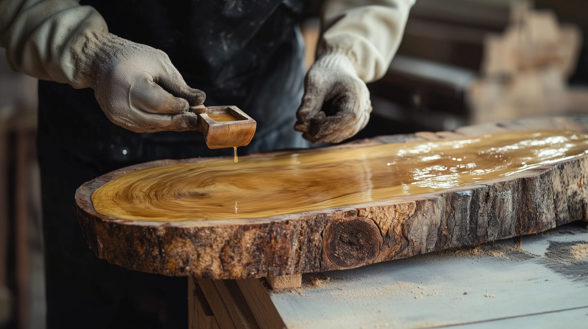 Hand trägt Lasur auf Holz auf, natürliche Maserung sichtbar