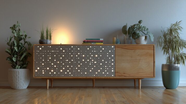 Sideboard mit Rückwand aus Lochblech-Sternform in modernem Interior.