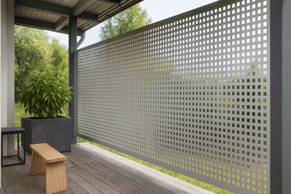 Außenbereich mit quadratischem Aluminium-Lochblech als Sichtschutz auf einer Terrasse.