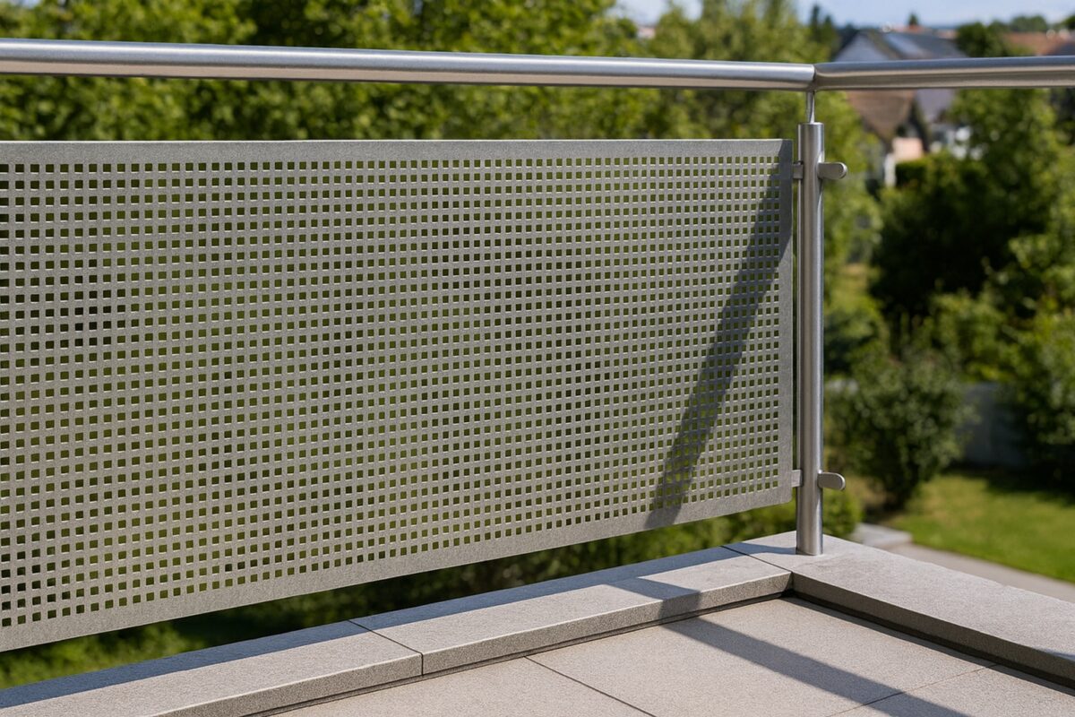 Balkongeländer aus V2A mit quadratischem Lochblech Qg 5–8 und Blick in den Garten.