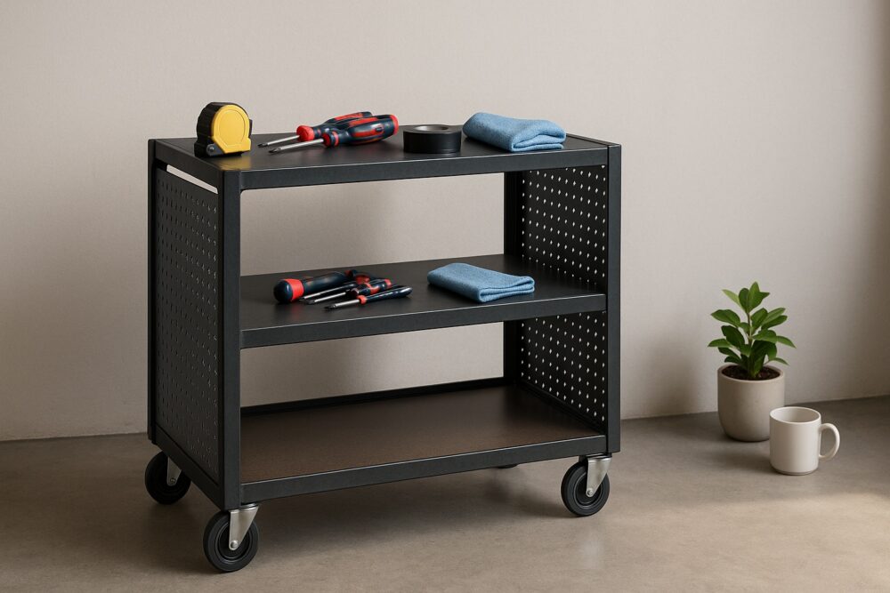 Rollwagen mit Stahlrahmen und Lochblech-Seiten, HPL-Böden sowie Werkstattatmosphäre.