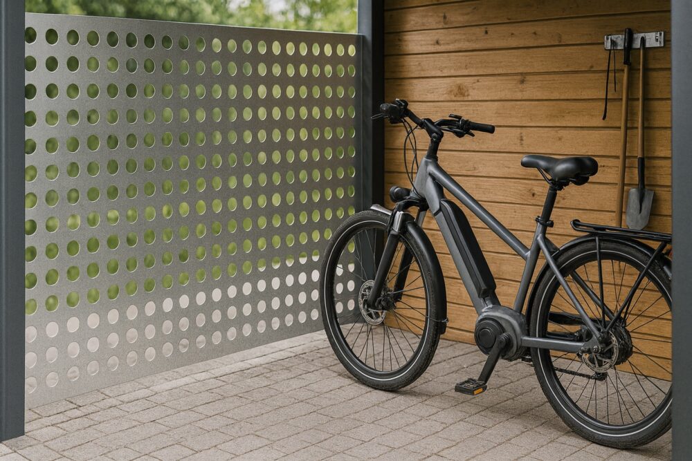 Carport mit großem Aluminium-Lochblech Rv 10-15 und einem E-Bike davor.