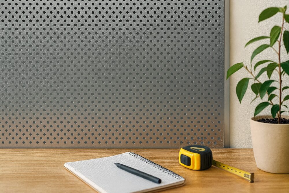 Aluminium-Lochblech mit gleichmäßiger Rundlochung Rv 3-5 über einem Schreibtisch mit Notizbuch, Maßband und Pflanze.