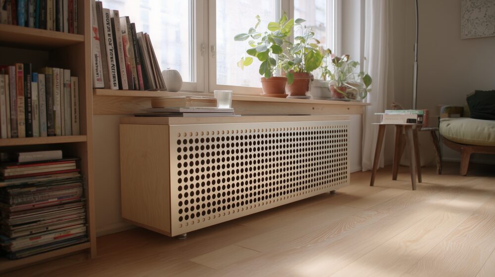 Radiatorverkleidung mit RV 4–6 Lochblech in Multiplexrahmen.