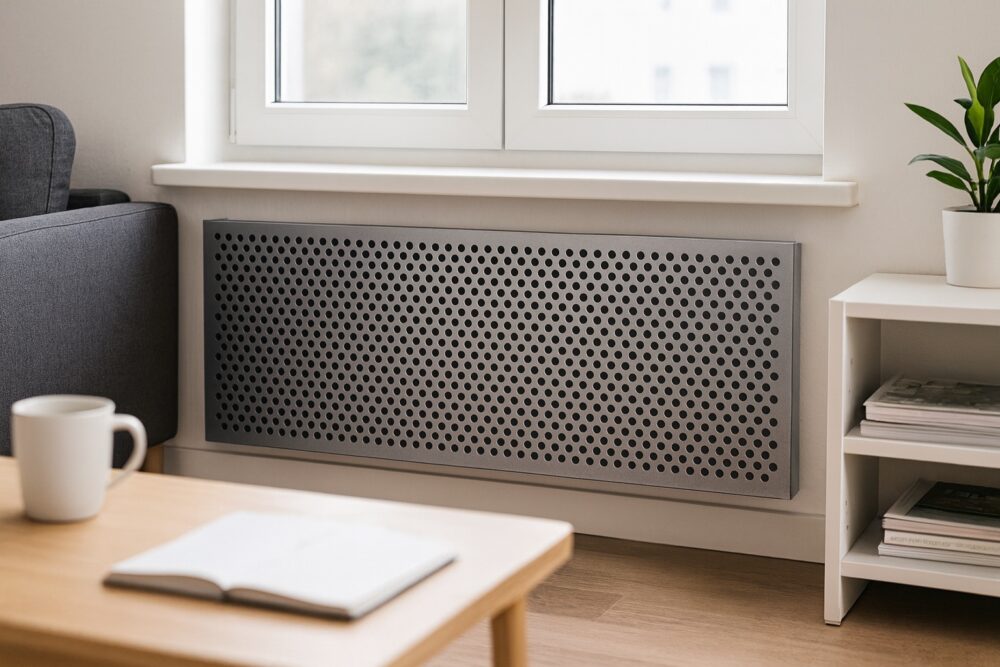 Heizkörperverkleidung aus Aluminium-Lochblech Rv 5-8 unter einem Fenster.