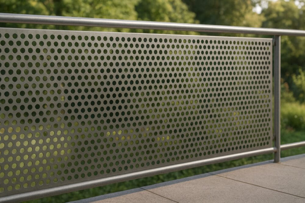 V2A Edelstahl-Lochblech als Balkon-Geländer mit Gartenhintergrund.