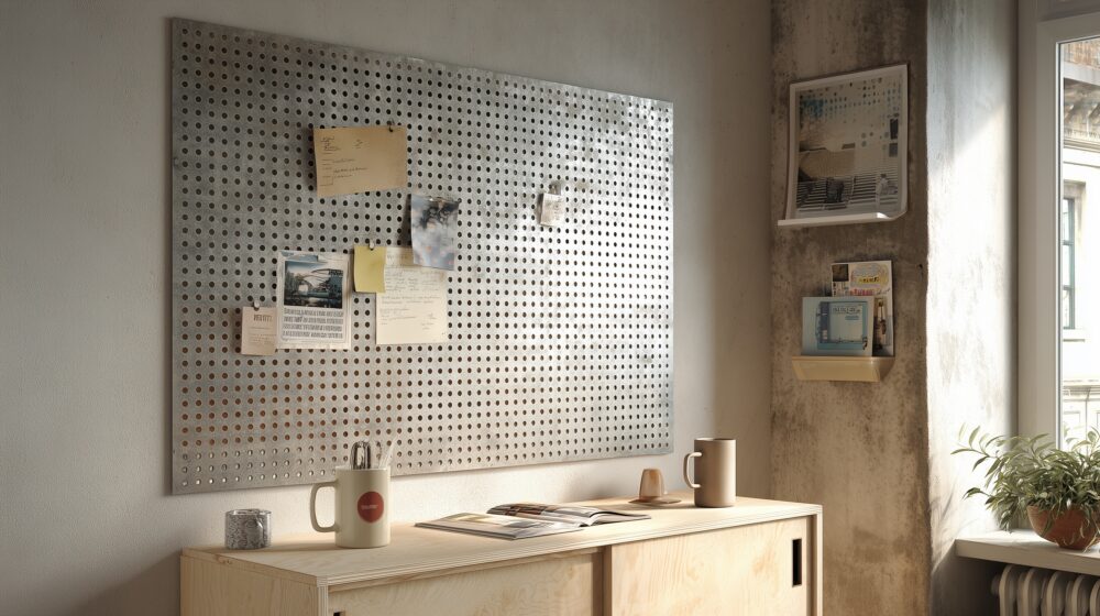 Verzinktes Rundlochblech als Memoboard über Holz-Sideboard mit Notizen und Magneten.