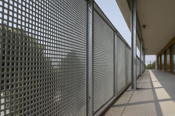 Ein Geländer aus Lochblech mit Quadratlochung sorgt für Sichtschutz und klare, moderne Linien.