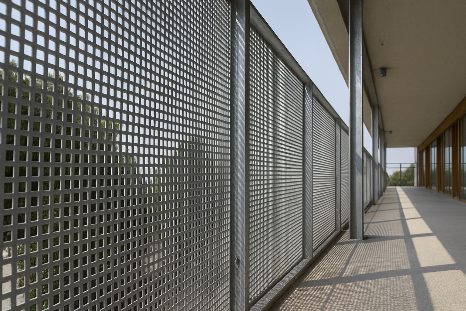 Ein Geländer aus Lochblech mit Quadratlochung sorgt für Sichtschutz und klare, moderne Linien.