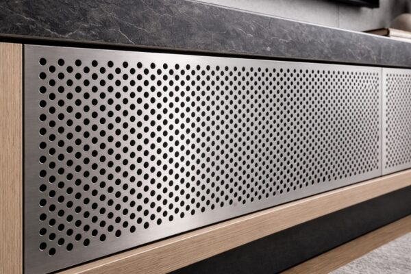 Eine Medienwand integriert perforiertes Stahl-Lochblech zur Kühlung.