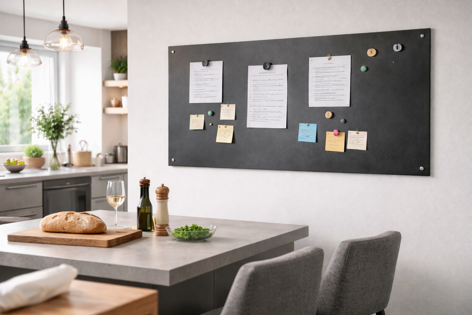 Eine Magnetwand aus Schwarzstahl organisiert Rezepte und Notizen in einer offenen Wohnküche.