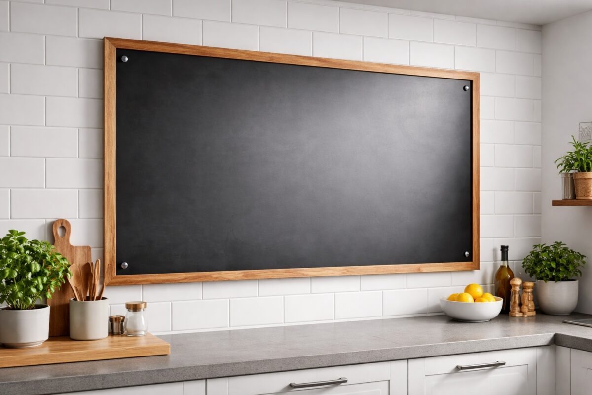 Eine Magnetwand aus Schwarzstahl wird durch Holz dezent gerahmt und wohnlich ergänzt.