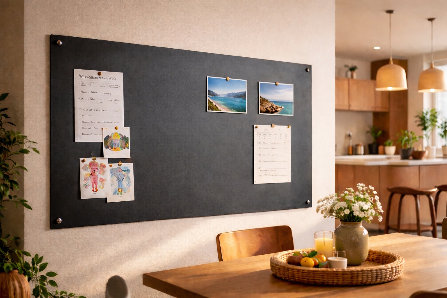 Eine Schwarzstahl Magnetwand bündelt Familienpläne und Erinnerungen im Wohnbereich.