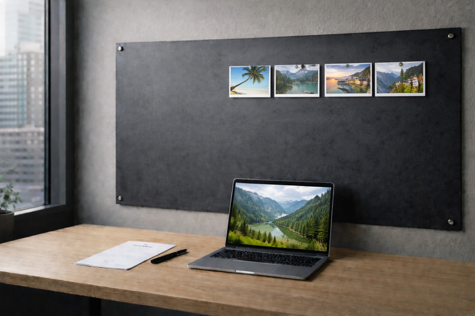 Eine Schwarzstahl Magnetwand strukturiert einen reduzierten Arbeitsplatz mit klarer Ordnung.