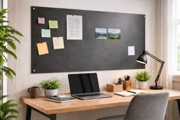 Eine Magnetwand aus Schwarzstahl ordnet Notizen im Homeoffice.