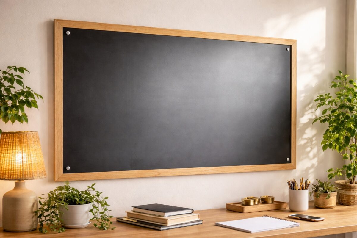 Eine Magnetwand aus Schwarzstahl wird durch einen Holzrahmen wohnlich ergänzt.