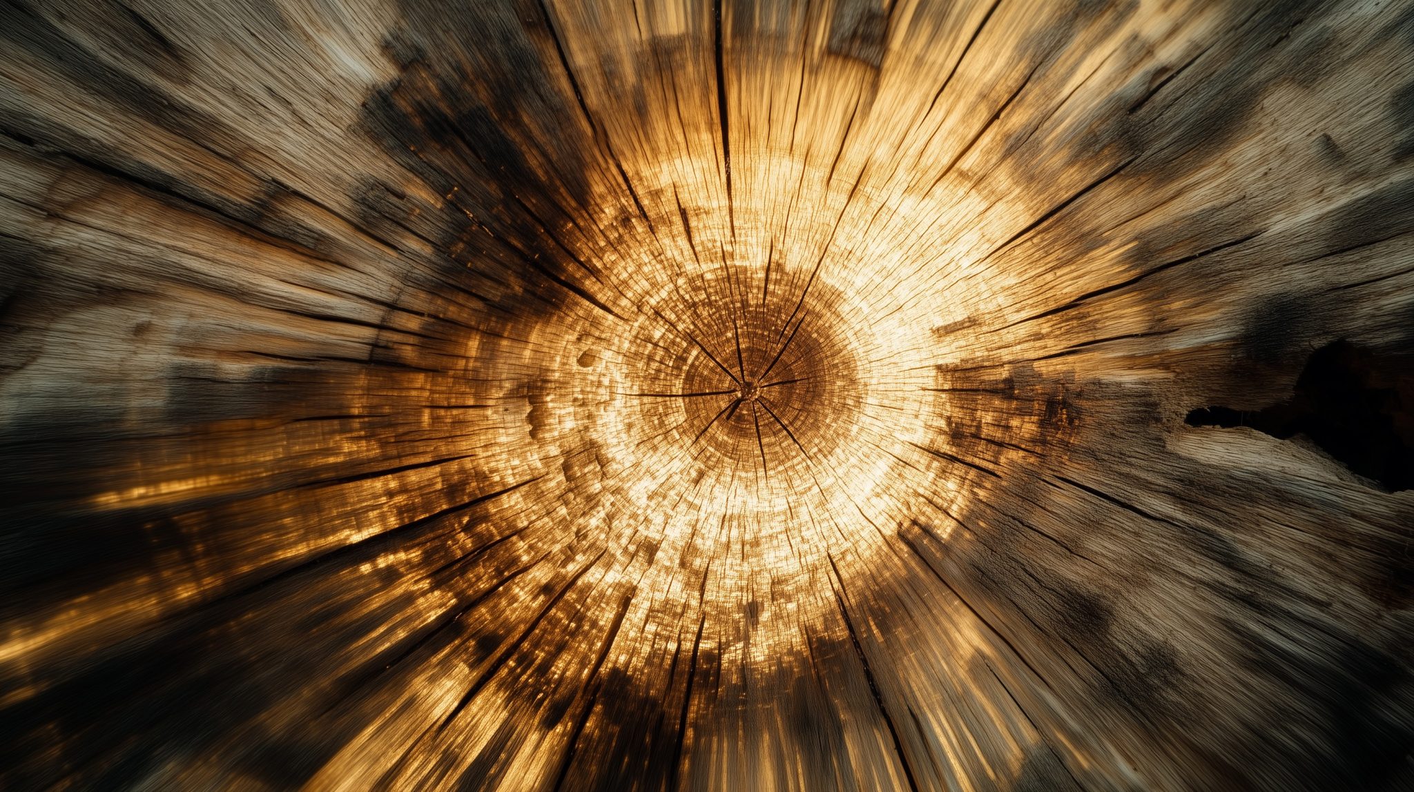 Markstrahlen als helle Linien im Querschnitt eines Eichenstamms