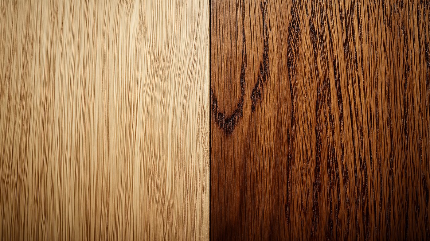 Holzoberfläche mit Vorher-Nachher-Effekt: unbehandelt vs. gewachst