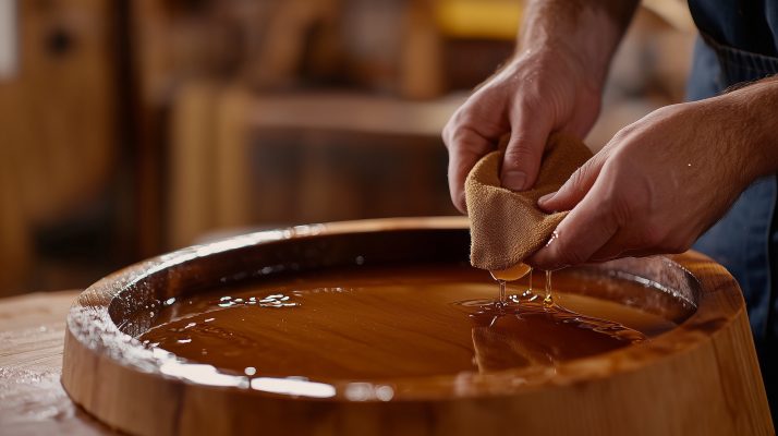 Wachs wird mit Tuch auf Holz aufgetragen